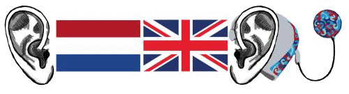 Twee oren met één CI en daartussen vlaggen van NL en Groot Brittannië