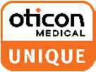 Plaatje met oticon medical op witte achtergrond en 'UNIQUE' op oranje achtergrond